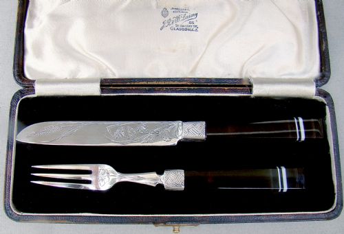 fig 1. VICTORIAN AESTHETIC MOVEMENT SILVER & BANDED AGATE KNIFE AND FORK SET BY WALTER & JOHN BARNARD, LONDON 1881