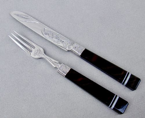 Victorian Aesthetic Movement Silver & Banded Agate  Knife and Fork Set by Walter & John Barnard, London 1881