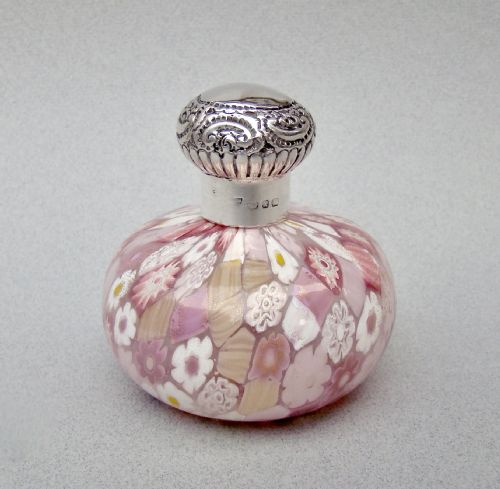 Delightful Victorian Silver Mounted Millefiori Glass Scent Bottle, Birmingham 1899