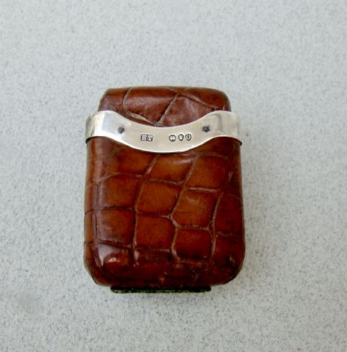 Rare Victorian Silver Mounted Crocodile Skin Vesta Case by Harriet Thomson, Birmingham 1863
