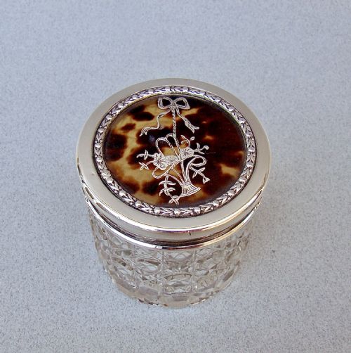 Exquisite Edwardian Silver & Tortoiseshell Cut Glass Vanity Jar, London 1910
