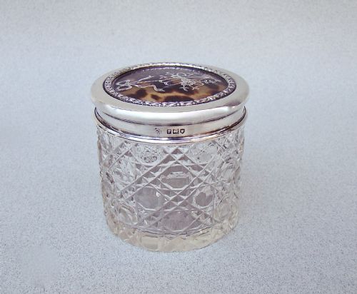 fig 1. EXQUISITE EDWARDIAN SILVER & TORTOISESHELL CUT GLASS VANITY JAR, LONDON 1910