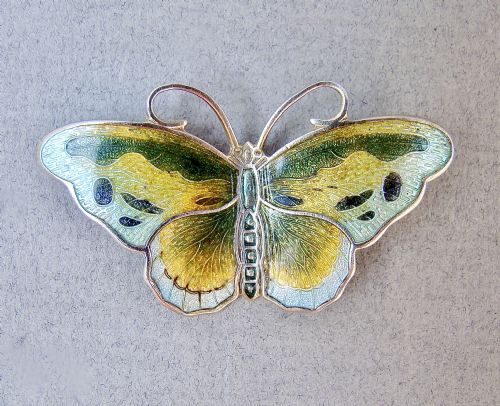 Fabulous Scandinavian Guilloche Enamel & Sterling Silver Butterfly Brooch, C 1950