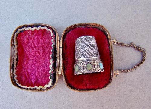 EXQUISITE 19TH C FRENCH SILVER STONE SET THIMBLE IN ORMULU CHATELAINE CASE