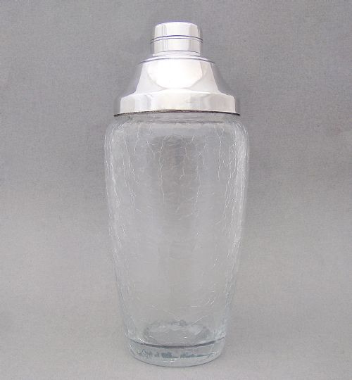 FABULOUS FRENCH ART DECO SILVER PLATED CRACKLE GLASS COCKTAIL SHAKER CIRCA 1930