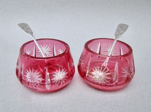 Pair of Victorian Bohemian Cranberry Glass Salts with Rare Silver Spoons by Thomas Hart Stone, Exeter 1863