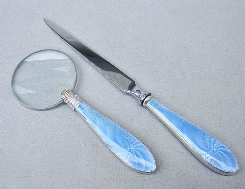 Silver & Guilloche Enamel Magnifying Glass & Letter Opener by Broadway & Co, Birmingham 1929