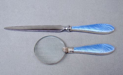 fig 1. SILVER & GUILLOCHE ENAMEL MAGNIFYING GLASS & LETTER OPENER BY BROADWAY & CO, BIRMINGHAM 1929