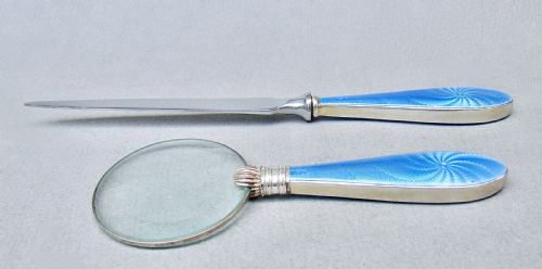 fig 3. SILVER & GUILLOCHE ENAMEL MAGNIFYING GLASS & LETTER OPENER BY BROADWAY & CO, BIRMINGHAM 1929