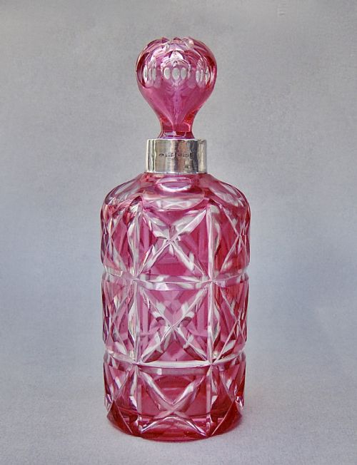 FABULOUS SILVER MOUNTED BOHEMIAN CRANBERRY GLASS SCENT BOTTLE BY HAROLD BUSHELL CO BIRMINGHAM 1915