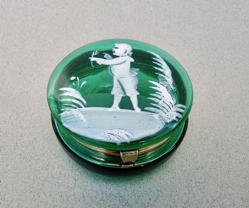 Rare 19th Century French "Mary Gregory" Bristol Green Glass Trinket Box, Circa 1890
