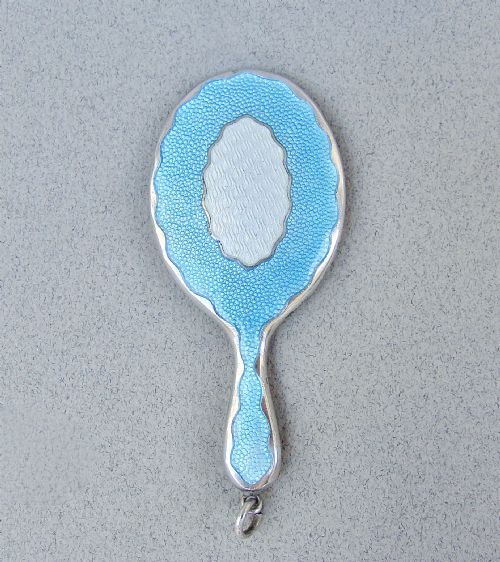 RARE AND EXQUISITE ART DECO SILVER GUILLOCHE ENAMEL MINIATURE PURSE MIRROR BY HENRY WILLIAMSON BIRMINGHAM CIRCA 1930