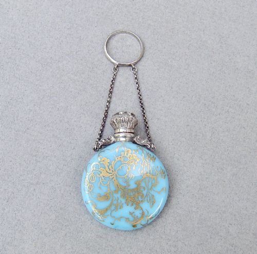 Rare French Silver & Opaline Glass Chatelaine Scent Bottle, Circa 1880