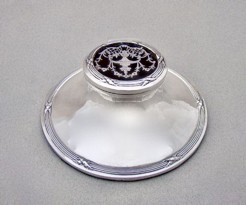 LARGE EDWARDIAN SILVER TORTOISESHELL CAPSTAN INKWELL BY HENRY MATTHEWS BIRMINGHAM 1910