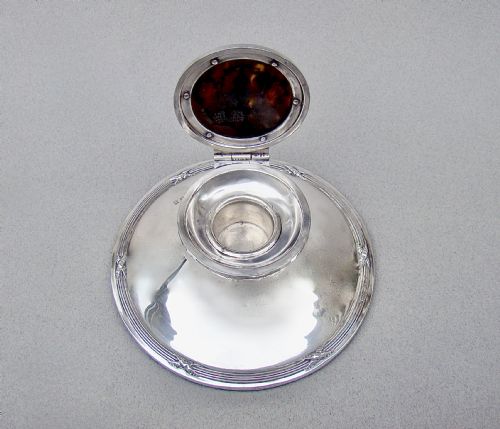 LARGE EDWARDIAN SILVER TORTOISESHELL CAPSTAN INKWELL BY HENRY MATTHEWS BIRMINGHAM 1910 - ADDITIONAL PHOTO 2