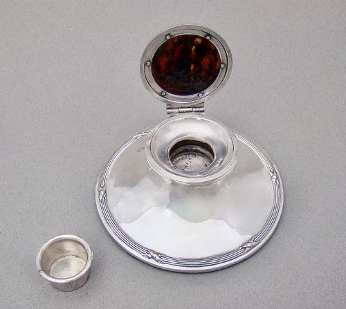 LARGE EDWARDIAN SILVER TORTOISESHELL CAPSTAN INKWELL BY HENRY MATTHEWS BIRMINGHAM 1910 - ADDITIONAL PHOTO 3