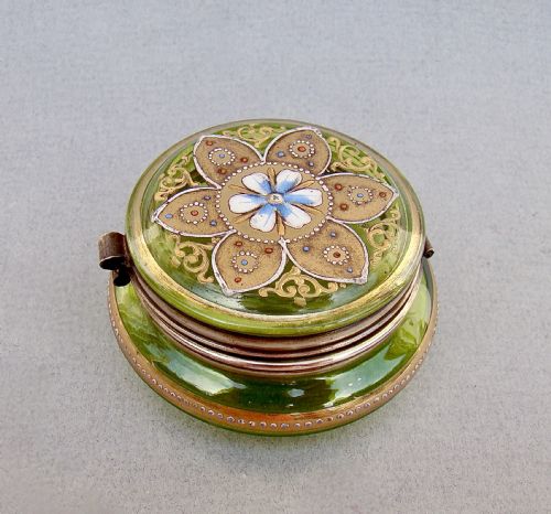 Delightful French Enamelled & Gilt Green Glass Trinket Box, Circa 1890
