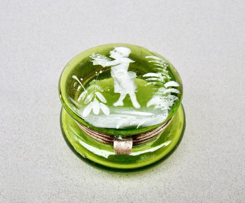 Rare 19th Century French "Mary Gregory" Lime Green Glass Trinket Box, Circa 1890
