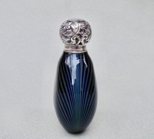 fig 1. UNUSUAL 19TH CENTURY SILVER MOUNTED SWIRLY GLASS SCENT BOTTLE, LONDON 1908