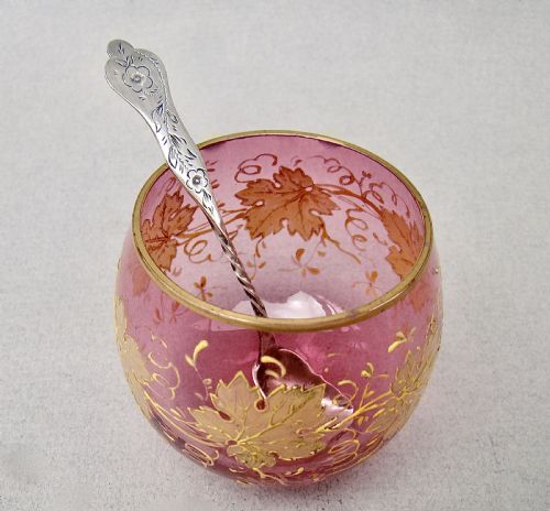 DELIGHTFUL MOSER CRANBERRY GLASS SALT WITH FRENCH SILVER SALT SPOON CIRCA 1890