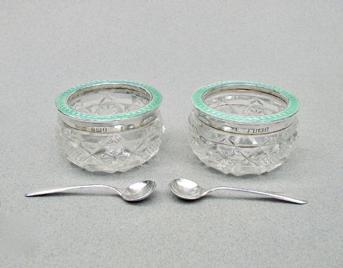 Rare Pair of Art Deco Silver and Guilloche Enamel Cut Glass Salts by Henry Williamson, London 1924