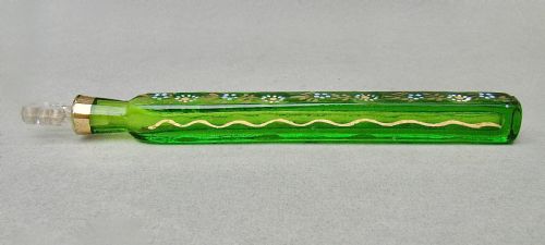 fig 2. RARE OXFORD LAVENDER GILT & ENAMELLED GREEN GLASS SCENT BOTTLE, CIRCA 1870