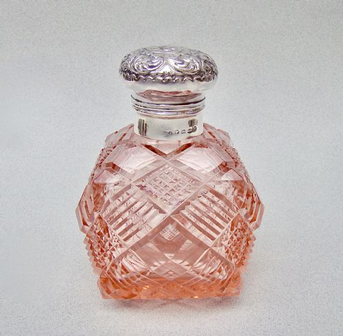 FABULOUS VICTORIAN SILVER & PALE SALMON PINK LARGE GLASS SCENT BOTTLE BY HENRY BOURNE, BIRMINGHAM 1887
