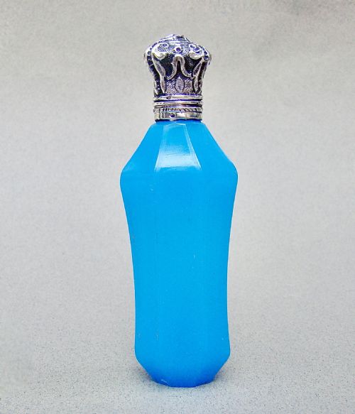 Exquisite French Silver Mounted Opaline Turquoise Glass Scent Bottle, Circa 1870