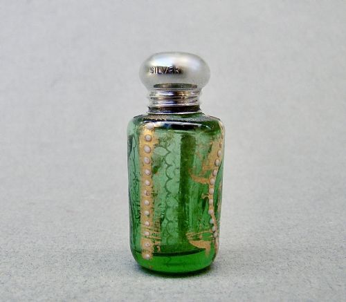 EXQUISITE MINIATURE 19TH C. SILVER & ENAMELLED GLASS SCENT BOTTLE, CIRCA 1890