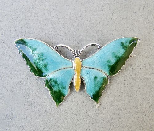 Superb Scandinavian Sterling Silver & Guilloche Enamel Butterfly Brooch, Circa 1930