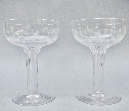 Fabulous Pair of Victorian Star-etched Hollow Stem Champagne Glasses, Circa 1880