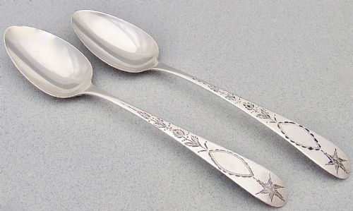 Rare Pair of Georgian Irish Silver Celtic Point Dessert Spoons by John Pittar , Dublin 1804 & 1808
