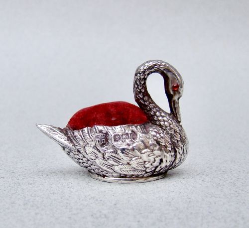 Exquisite Edwardian Silver Swan Pin Cushion by the Boots Company, Birmingham 1908