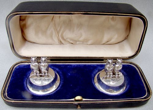 Rare Pair of Cased Edwardian Silver Owl Menu Holders by Levi & Salaman, Birmingham 1907