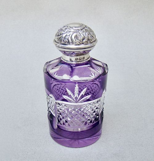 Edwardian Silver and Bohemian Overlay Amethyst Glass Scent Bottle by the Boots Company, Birmingham 1905