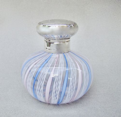Exquisite Edwardian Silver Mounted Latticino Glass Scent Bottle by W.g. Sothers & Co, Birmingham 1903
