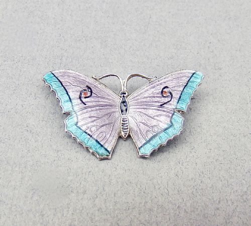 Art Deco Silver & Guilloche Enamel Butterfly Brooch by Thomas Lyster Mott, Birmingham C. 1930