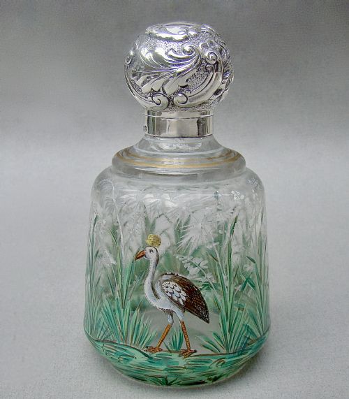Fabulous Victorian Silver Mounted Enamelled Glass Scent Bottle by James Fenton, London 1896