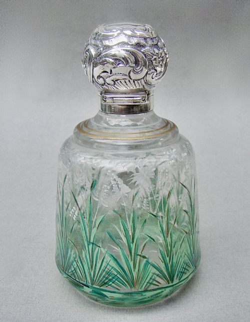 fig 1. FABULOUS VICTORIAN SILVER MOUNTED ENAMELLED GLASS SCENT BOTTLE BY JAMES FENTON, LONDON 1896