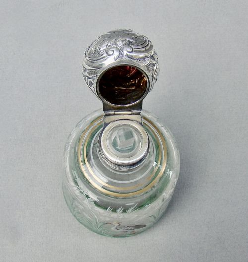 fig 2. FABULOUS VICTORIAN SILVER MOUNTED ENAMELLED GLASS SCENT BOTTLE BY JAMES FENTON, LONDON 1896