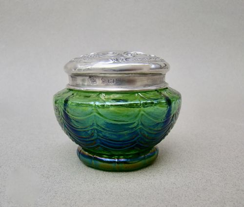 George V Silver Lidded Kralik Glass Trinket Box by A. J. Pepper & Co, Birmimngham 1921