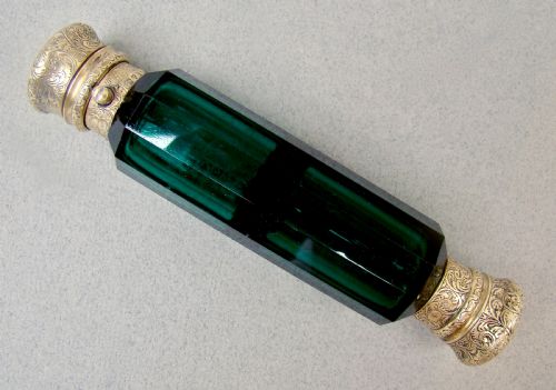 Sampson Mordan Silver Gilt Bristol Green Glass Double-ended Scent Bottle, London 1877
