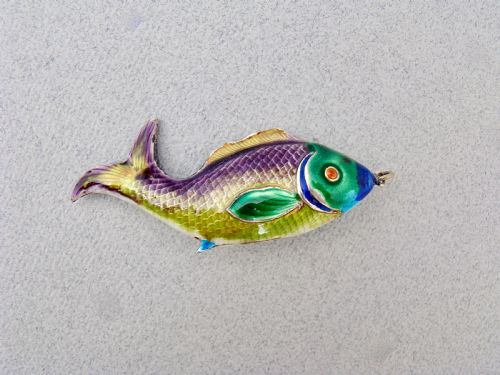 Unusual Early 20th Century Siver & Guilloche Enamel Fish Pendant, Circa 1920