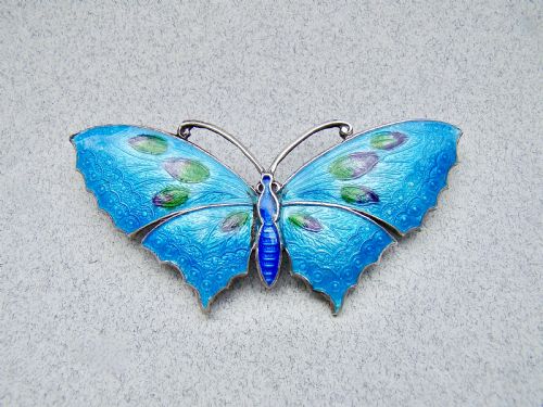 Fabulous Scandinavian Sterling Silver & Guilloche Enamel Butterfly Brooch, Circa 1930