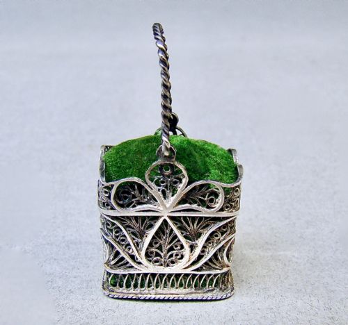 Rare Georgian Silver Filigree Basket Pin Cushion, Circa 1800.
