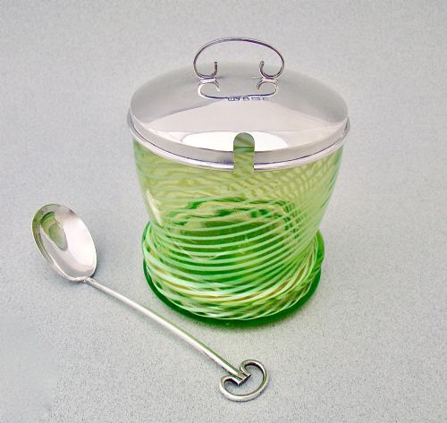 Rare Silver & Vaseline Glass Preserve Jar & Spoon by George Unite, Birmingham 1917