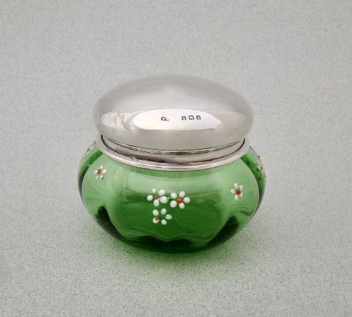 Delightful Silver Lidded Enamelled Green Glass Dressing Table Jar, London 1919