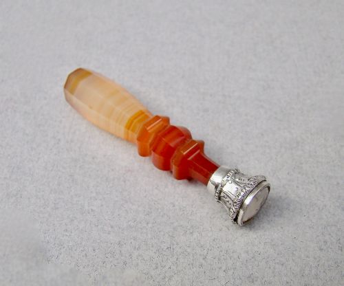 Small Victorian Silver Mounted Red Banded Agate Desk Seal , Circa 1890