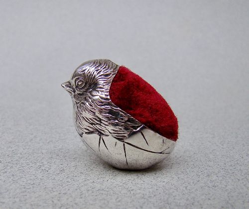 SMALL EDWARDIAN SILVER "HATCHING CHICK" PIN CUSHION BY SAMPSON MORDAN & CO, CHESTER 1909
