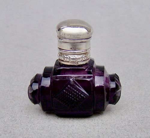 Rare 19th C. French Silver Miniature Amethyst Glass Scent Bottle, Circa 1880